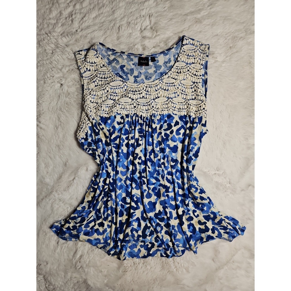 Rafaella‎ Plus Size 3X Blue Animal Print Sleeveless Top with Crochet Lace Trim